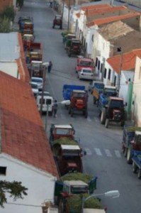 tractores esperando para la descarga al final del día